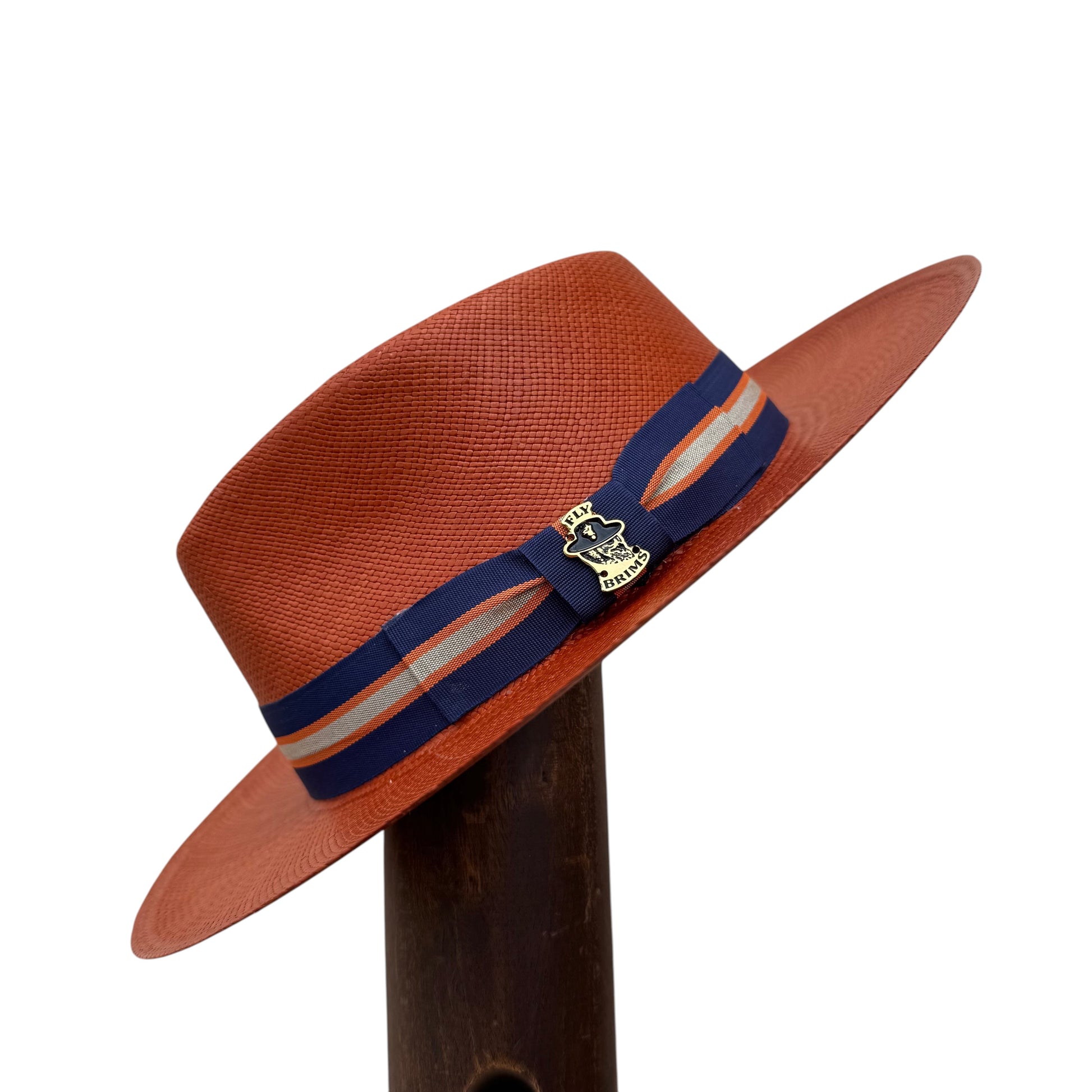 Blue fedora hat for men with orange striped band. Unique dress fedora with bold style. Perfect for events and standout looks. Shop Fly Brims now.