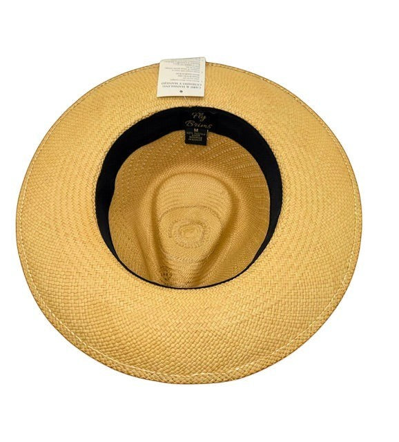 Fly Brims Toucan Crest natural straw fedora with a wide brim and interior navy band, viewed from above.