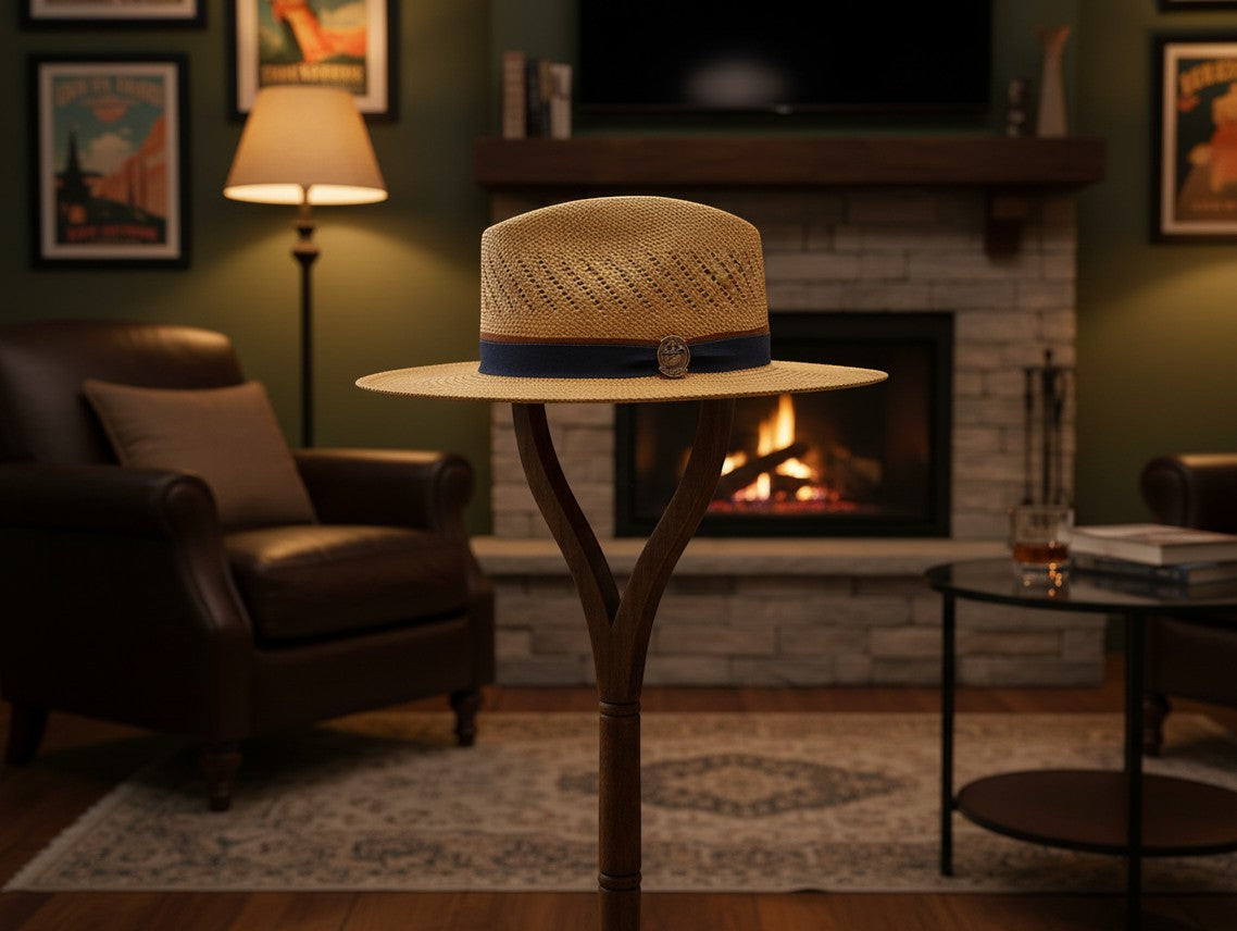 Fly Brims Toucan Crest natural straw fedora with a wide brim and a navy blue band featuring a metallic accent pin.