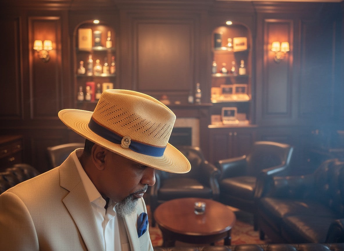 Fly Brims natural straw fedora with a navy band and accent trim worn by a man in a beige suit in a lounge setting.