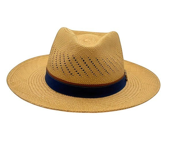 Fly Brims natural straw fedora with a wide brim, structured crown, and a deep navy band with subtle accent trim.